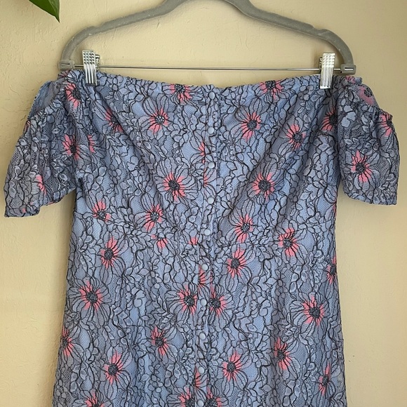Avec Les Filles Blue Floral Off Shoulder Button Down Lace Dress - Picture 2 of 9